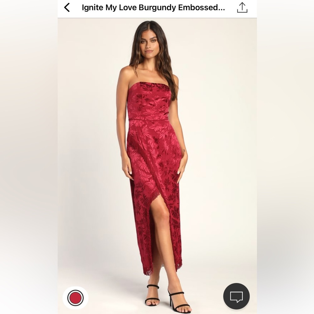 NWT NBW LuLu’s Burgundy Embossed Strapless Fringe midi dress